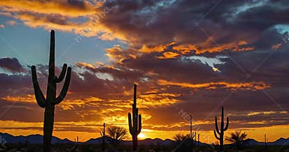 Arizona desert sunset with saguaro cactus silhouettes