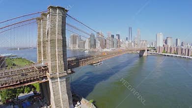 Transport drive by Brooklyn Bridge at autumn sunny