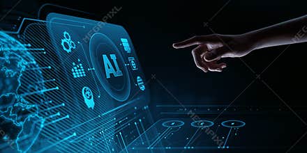 AI, Machine learning, Human hands touch digital screen. Big data, network, Science and artificial intelligence