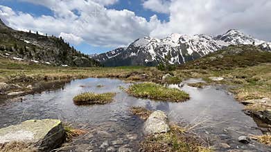 Beautiful view of Alps Zillertal, Alta Via di Neves in Alto Adige during spring day of June