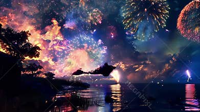 The peaceful tranquility of the night is interrupted by the stunning cacophony of colorful explosions that light up the