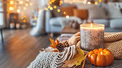 Cozy Autumn Ambiance with Candles, Fall Leaves, and Warm Lighting