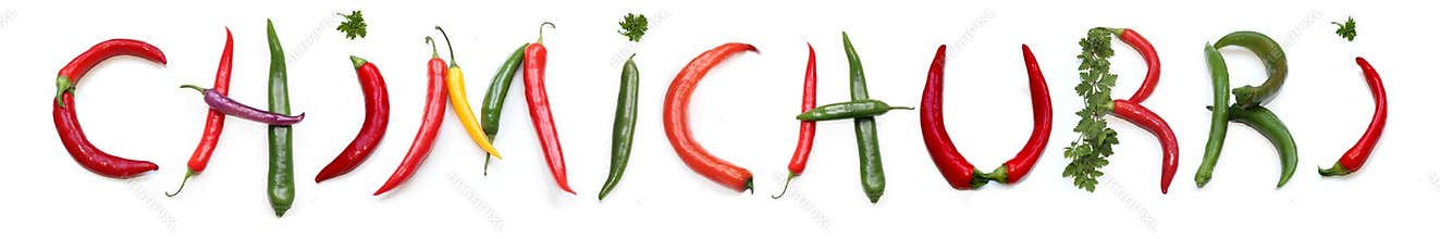 CHIMICHURRI, green red orange purple chili pepper, parsley and herb letter for vegan chimichurri sauce, plant-based menu