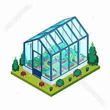 Isometric greenhouse surrounded plants trees, transparent glass panels various plants inside