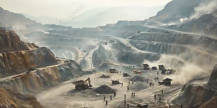 An openpit mine with workers and machinery in a dusty landscape, symbolizing heavy industry and mining sector