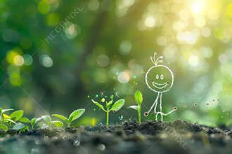stick figure with a smile on his face, is planting small plant seeds