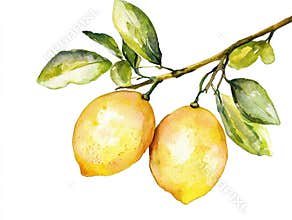 Watercolor lemon with leaves. Botanical illustration. Ideal for food packaging.