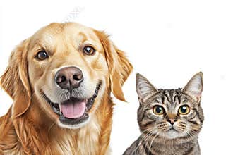 Happy dog and cat looking at the camera together isolated on transparent background, friendship between dog and cat
