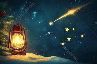 A vintage lamp glows gently under a starry night sky with a shooting star during the festive Christmas season