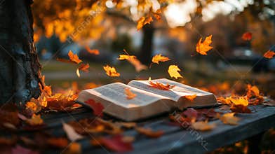 Open Bible on Park Bench Surrounded by Colorful Autumn Leaves, Spiritual Reflection, Faith, Meditation, Bible Study