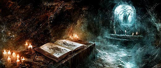 A mystifying ritual chamber of ancient symbols, esoteric glyphs, and arcane books dimly lit by candles