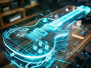 Electric guitar visualization with augmented reality Transparent electric guitar in studio drawing in blue colors