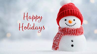 snowman on winter background with the text Happy Holidays, red color