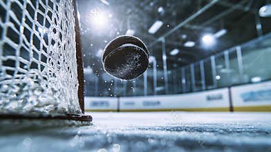 Black ice hockey puck in motion towards an empty net on ice rink surface with hockey arena in the background