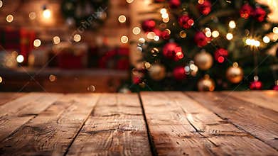 empty wooden table with blurred christmas decorations