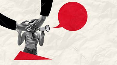 Stop motion, animation. Young woman shouting in megaphone with eyes closed. Blindly following