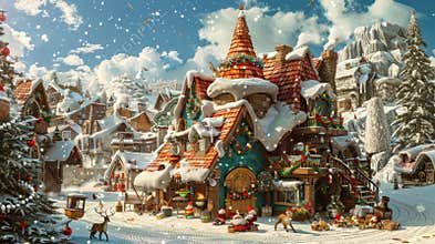 Elves preparing for Christmas in Santa's village create a whimsical scene, surrounded by snow-covered cottages and festive