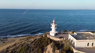 Lighthouse against the background of the sea, top view, shooting from a quadcopter, Spain, Alicante, Cabo de Huertas