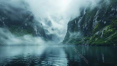Misty fjord landscape with calm waters and towering cliffs in early morning light