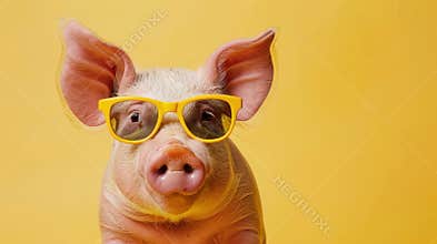 Pink piggy wearing sunglasses, set against a sunny yellow background