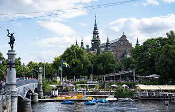 Landscape with the boats, Nordiska museum, Nybroviken harbor and beautiful nature in the heart of Stockholm.