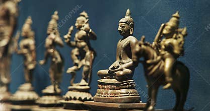 Old Ancient Bronze Figurines Of Indian Deities And Avatars in Row. 10-19th Century Ce. Rama Avatara, Krishna Avatara