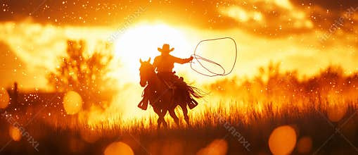Photograph of a silhouette cowboy in a small town at sunset.