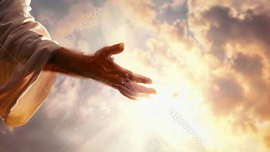 Jesus Christ giving his arm, hand gestures of Jesus dying on the cross and resurrected