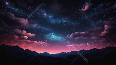 Colorful night sky full of stars over mountain landscape