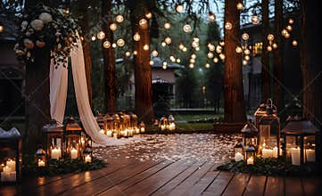 Night ceremony wedding decor elements. outdoor string lights. Generative AI
