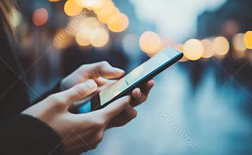 Touch screen smartphone light night city, girls using in hand mobile phone closeup, online wi-fi internet, woman texting