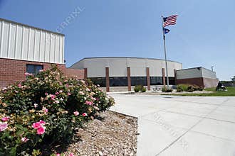 Generic High School Exterior with American Flag