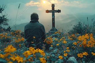 Devout catholic man praying before crucifix on hill, seeking divine guidance and reflection