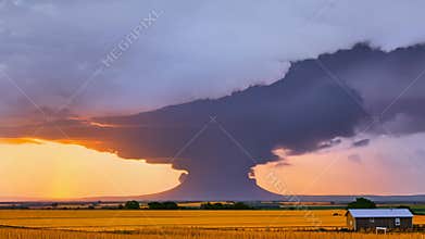 A panoramic footage showcasing an ominous supercell storm with stunning cloud formations.