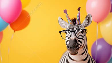 A zebra wearing glasses and a birthday hat with balloons, AI