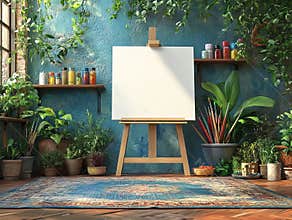 Podium background art class product display 3D paintbrush stand canvas. Back to school podium with art supplies, easel