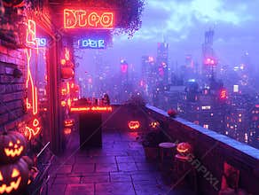 Urban Halloween Party Podium. an evening rooftop scene in a big city, with a podium surrounded by neon lights and