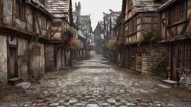 Abandoned medieval village street in foggy weather with cobblestones and overgrown buildings