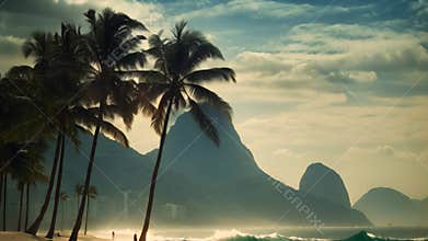 Tropical beach with palm trees and sand in Rio de Janeiro, Brazil, Palms and Two Brothers Mountain on Ipanema beach, Rio de