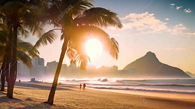 Palm trees on the beach at sunrise, Rio de Janeiro, Brazil, Palms and Two Brothers Mountain on Ipanema beach, Rio de Janeiro