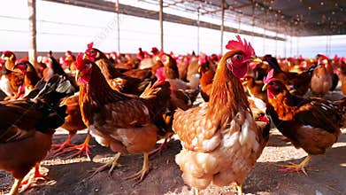 Red Chickens close-up on chicken farm indoor