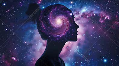 Cosmic Woman Silhouette With a Galaxy Inside Her Head in a Purple Nebula Background (Loopable)