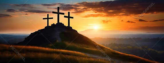 Silhouette of three crosses on a hill at sunset. Calvary. Happy Easter background. Christ is risen.