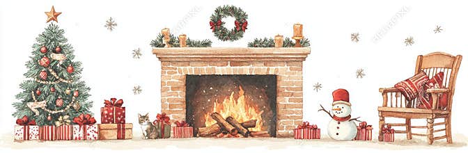 Clipart of a Christmas tree with vintage gifts, a retro fireplace, nutcrackers, cucumbers, floral decorations along with