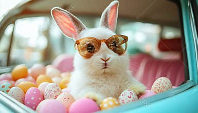 Easter Bunny in shades takes a sunny ride in a colorful egg-filled car