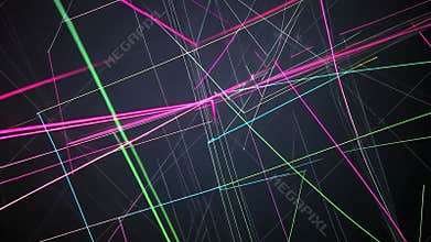 Colorful neon glowing lines are intersecting and creating an abstract futuristic background with a sense of depth and