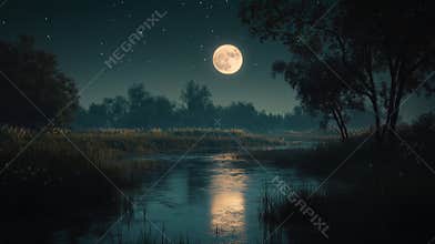 Serene river reflecting the moonlight under a starry night sky