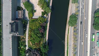 Aerial drone view of ancient city wall in Xian. Xian in China panorama from drone. Fortifications of Xian City Wall. Xian old town