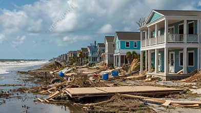 Aftermath of a hurricane showing damaged houses on the coast