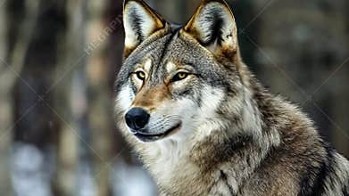 Beautiful wolf with intense yellow eyes is staring into the distance, its thick fur blending with the snowy winter